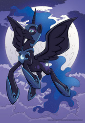 Size: 828x1188 | Tagged: safe, artist:raynesgem, nightmare moon, g4, female, flying, moon, night, solo