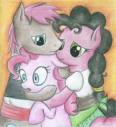 Size: 797x875 | Tagged: safe, artist:islamilenaria, pinkie pie, oc, earth pony, pony, friendship is witchcraft, g4, crying, earth pony oc, father and child, father and daughter, female, gypsy pie, hug, male, mother and child, mother and daughter, orange background, parent, simple background, tears of joy, traditional art