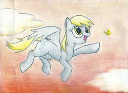 Size: 958x698 | Tagged: safe, artist:islamilenaria, derpy hooves, butterfly, pegasus, pony, g4, female, flying, mare, sky, solo, traditional art