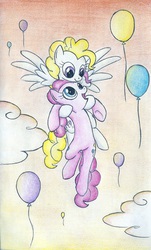 Size: 890x1472 | Tagged: safe, artist:islamilenaria, pinkie pie, surprise, earth pony, pegasus, pony, g4, balloon, both cutie marks, cloud, duo, flying, looking at each other, smiling, spread wings, traditional art, wings