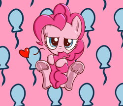 Size: 600x520 | Tagged: safe, artist:mingy.h, pinkie pie, g4, :3, balloon, cute, diapinkes, female, frog (hoof), heart, lidded eyes, looking at you, nom, pixiv, sitting, smiling, smirk, solo, tail, tail bite, underhoof