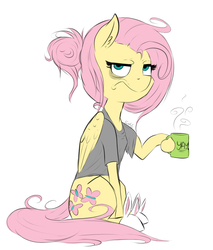 Size: 1700x2000 | Tagged: safe, artist:evehly, fluttershy, pegasus, pony, g4, bags under eyes, bed mane, bunny slippers, clothes, coffee, female, fluttershy is not amused, glare, grumpy, mare, messy mane, morning ponies, mug, shirt, simple background, slippers, solo, unamused, white background, yay