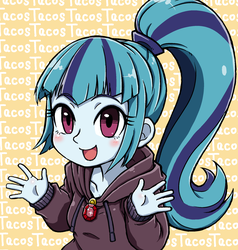 Size: 1900x2000 | Tagged: safe, artist:nazonazopowerfu, sonata dusk, equestria girls, g4, my little pony equestria girls: rainbow rocks, blushing, clothes, cute, female, gem, hoodie, looking at you, one word, open mouth, pixiv, siren gem, solo, sonatabetes, sweater, that girl sure loves tacos