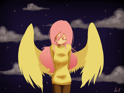 Size: 1600x1200 | Tagged: safe, artist:lantaniel, fluttershy, human, g4, clothes, female, humanized, solo, sweatershy, winged humanization