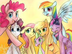 Size: 1024x768 | Tagged: safe, artist:rflzqt, applejack, fluttershy, pinkie pie, rainbow dash, rarity, spike, twilight sparkle, alicorn, pony, g4, female, mane seven, mane six, mare, twilight sparkle (alicorn)