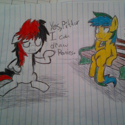 Size: 383x383 | Tagged: safe, oc, oc only, oc:brad pittur, oc:shady shadows, pony, dialogue, duo, grayscale, lined paper, monochrome, traditional art