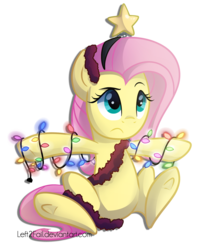 Size: 1457x1734 | Tagged: safe, artist:drawntildawn, fluttershy, pony, g4, christmas lights, female, fluttertree, mare, simple background, solo, transparent background, underhoof
