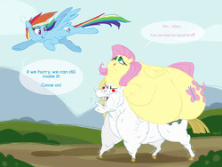 Size: 2500x1882 | Tagged: safe, artist:mellowhen, bulk biceps, fluttershy, rainbow dash, pegasus, pony, g4, carrying, dialogue, fat, fattershy, female, lifting, male, mare, morbidly obese, obese, stallion, straining