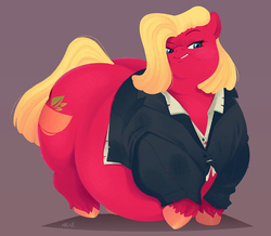 Size: 800x698 | Tagged: safe, artist:mellowhen, oc, oc only, oc:raspberry tart, earth pony, pony, fallout equestria, fallout equestria: anywhere but here, clothes, cutie mark, double chin, dress shirt, fanfic art, fat, female, large belly, large butt, morbidly obese, obese, sassy, smirk, smug, solo, thighs, thunder thighs, tight clothing