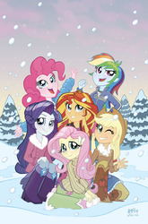 Size: 755x1147 | Tagged: safe, artist:tonyfleecs, idw, applejack, fluttershy, pinkie pie, rainbow dash, rarity, sunset shimmer, equestria girls, g4, spoiler:comic, spoiler:comicholiday2014, boots, clothes, cowboy boots, cowboy hat, cute, denim skirt, freckles, grin, hat, high heel boots, humane six, jacket, leather jacket, mane six, mane six opening poses, one eye closed, shoes, sitting, skirt, smirk, snow, snowfall, stetson, sweater, sweatershy, tracksuit, wink, winter