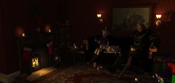 Size: 3846x1824 | Tagged: safe, artist:tahublade7, rarity, sweetie belle, human, anthro, plantigrade anthro, g4, 3d, angry marines, chief and belle, christmas, clothes, couch, cuddling, daz studio, doll, face, feet, fireplace, halo (series), master chief, night, nightgown, pajamas, relaxing, sleeping, snuggling, socks, wine