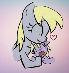 Size: 403x429 | Tagged: safe, artist:yummyraccoon, derpy hooves, dinky hooves, pegasus, pony, unicorn, g4, equestria's best mother, eyes closed, female, heart, hug, mare, open mouth