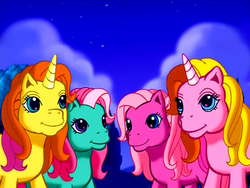 Size: 640x480 | Tagged: safe, screencap, brights brightly, minty, pinkie pie (g3), rarity (g3), a very pony place, come back lily lightly, g3, night, smiling