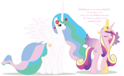 Size: 1972x1212 | Tagged: safe, artist:dr-whiskey, princess cadance, princess celestia, g4, accessory swap, angry, cross-popping veins, gritted teeth, mocking, simple background, spread wings, this will end in tears and/or a journey to the moon, transparent background