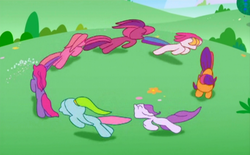 Size: 1135x705 | Tagged: safe, screencap, cheerilee (g3), pinkie pie (g3), rainbow dash (g3), scootaloo (g3), starsong, sweetie belle (g3), toola-roola, g3, g3.5, animation error, circle, core seven, faceless ponies, great moments in animation, intro
