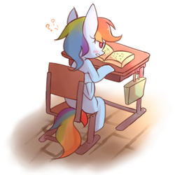 Size: 800x800 | Tagged: safe, artist:joycall6, rainbow dash, g4, book, female, question mark, sitting, solo, studying