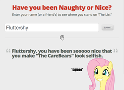 Size: 781x570 | Tagged: safe, fluttershy, pegasus, pony, g4, exploitable meme, female, grin, have you been naughty or nice?, mare, meme, santa claus, smiling, solo, squee