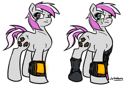 Size: 1019x720 | Tagged: safe, artist:jetwave, oc, oc only, oc:hired gun, cyborg, earth pony, pony, fallout equestria, fallout equestria: heroes, g4, amputee, cybernetic legs, earth pony oc, facial scar, female, heterochromia, injured, mare, pipbuck, prosthetic eye, prosthetic leg, prosthetic limb, prosthetics, scar, solo