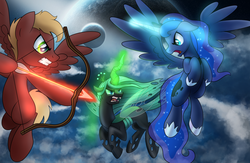 Size: 1024x668 | Tagged: safe, artist:drawponies, princess luna, queen chrysalis, oc, changeling, g4, fight, space