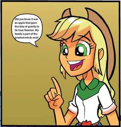 Size: 887x930 | Tagged: safe, artist:tony fleecs, idw, applejack, equestria girls, g4, my little pony: equestria girls holiday special, spoiler:comic, apple, applejack's opinion, comic, exploitable meme, female, gravity, holiday special, isaac newton, meme, simple background, sir isaac newton, solo