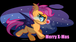 Size: 1024x575 | Tagged: safe, artist:wicklesmack, scootaloo, bat pony, pony, g4, bat ponified, female, race swap, red nose, scootabat, solo, student of the night