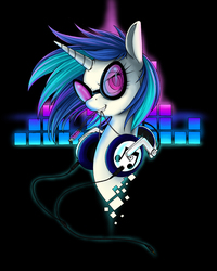 Size: 3193x4000 | Tagged: safe, artist:longinius, dj pon-3, vinyl scratch, pony, unicorn, g4, female, headphones, horn, mare, mouth hold, portrait, smiling, solo, sunglasses, teeth