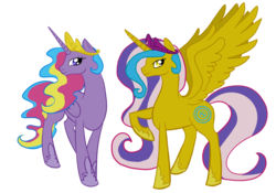 Size: 4000x2796 | Tagged: safe, artist:luminousgrave, princess gold lily, princess sterling, alicorn, pony, high res, looking at you, raised hoof, simple background, smiling, spread wings, transparent background, vector