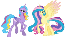 Size: 6208x3522 | Tagged: safe, artist:xebck, princess gold lily, princess sterling, alicorn, pony, absurd resolution, colored wings, duo, female, gradient wings, mare, raised hoof, simple background, sparkly mane, sparkly tail, spread wings, transparent background, wings