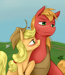 Size: 800x926 | Tagged: safe, artist:reavz, artist:transgressors-reworks, color edit, edit, applejack, big macintosh, earth pony, pony, g4, blushing, colored, heart, incest, male, one sided shipping, ship:applemac, shipping, stallion, straight, sweatdrop