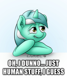 Size: 600x691 | Tagged: safe, artist:livriel, lyra heartstrings, human, fanfic:anthropology, g4, humie, meme, whatcha thinkin bout?