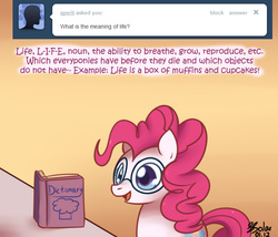 Size: 700x600 | Tagged: safe, artist:solar-slash, pinkie pie, ask pinkie pie solutions, g4, ask, book, dictionary, female, solo, tumblr