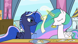 Size: 3264x1836 | Tagged: safe, artist:cloudyskieswrites, princess celestia, princess luna, g4, croissant, hat, magic, nightcap, tea, telekinesis