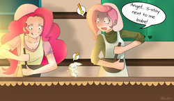 Size: 1024x596 | Tagged: safe, artist:nicoleehret, angel bunny, fluttershy, pinkie pie, human, g4, cooking, humanized