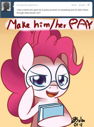 Size: 600x811 | Tagged: safe, artist:solar-slash, pinkie pie, ask pinkie pie solutions, g4, ask, book, female, solo, tumblr