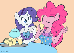 Size: 1000x728 | Tagged: safe, artist:empyu, pinkie pie, rarity, anthro, g4, 45 minute art challenge, clothes, duo, equestria girls outfit, nightgown, pajamas, tea