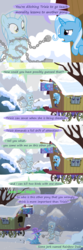 Size: 1200x3600 | Tagged: safe, artist:evil-dec0y, trixie, oc, oc:ghost, earth pony, ghost, pony, unicorn, comic:trixie vs., comic:trixie vs. hearth's warming, g4, a christmas carol, book, chains, chest, comic, eyes closed, female, floating, frown, glare, key, leaning, lock, mare, open mouth, raised eyebrow, sitting, snow, snowfall, trixie's wagon, wagon, weight, wide eyes