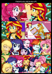 Size: 2243x3200 | Tagged: safe, artist:lucy-tan, applejack, fluttershy, pinkie pie, rainbow dash, rarity, sunset shimmer, twilight sparkle, equestria girls, g4, alternate hairstyle, big crown thingy, comic, cute, group hug, high res, hug, humane five, humane six, present, shimmerbetes, twilight sparkle (alicorn)