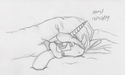 Size: 881x532 | Tagged: safe, artist:slash-sun-slash, princess celestia, g4, bed, blanket, celestiadoodle, cute, cutelestia, female, looking at you, monochrome, solo, traditional art