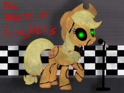 Size: 2048x1536 | Tagged: safe, artist:birdivizer, applejack, pony, robot, robot pony, five nights at aj's, g4, animatronic, applefreddy, female, five nights at freddy's, glowing eyes, solo