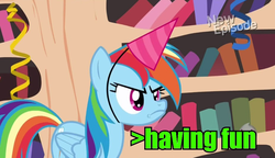 Size: 932x538 | Tagged: safe, rainbow dash, g4, /mlp/, frown, greentext, grumpy pone, hat, image macro, meme, no fun allowed, party hat, text