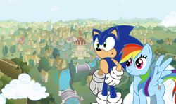 Size: 1054x626 | Tagged: safe, artist:wingedknight7, rainbow dash, g4, cloud, crossover, male, ponyville, sonic the hedgehog, sonic the hedgehog (series)