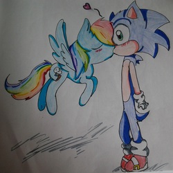 Size: 1520x1520 | Tagged: safe, artist:x-shiningstar-x, rainbow dash, g4, blushing, crossover, crossover shipping, heart, kissing, love, male, shipping, sonic the hedgehog, sonic the hedgehog (series), sonicdash, traditional art