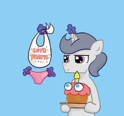 Size: 640x600 | Tagged: safe, artist:ficficponyfic, oc, oc only, oc:silver breeze, clothes, cupcake, five nights at freddy's, five nights at freddy's 2, magic, panties, pink underwear, toy chica, underwear