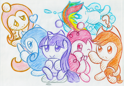 Size: 2266x1570 | Tagged: safe, artist:kannatc, applejack, fluttershy, pinkie pie, rainbow dash, rarity, twilight sparkle, chao, g4, crossover, exclamation point, heart, mane six, question mark, sonic adventure, sonic the hedgehog (series), species swap, traditional art, update