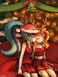 Size: 720x960 | Tagged: safe, artist:lumineko, sonata dusk, sunset shimmer, equestria girls, g4, antlers, blushing, cheek kiss, christmas, commission, duo, eyes closed, female, hat, humanized, kissing, lesbian, mistletoe, santa hat, ship:sunata, shipping