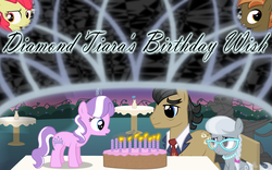 Size: 1600x1000 | Tagged: safe, artist:bootsyslickmane, apple bloom, button mash, diamond tiara, filthy rich, gustave le grande, silver spoon, griffon, g4, birthday, birthday cake, cake, chair, fanfic, fanfic art, fanfic cover, flower, gimp, statue, story in the source, table