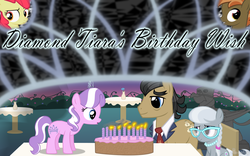 Size: 1600x1000 | Tagged: safe, artist:bootsyslickmane, apple bloom, button mash, diamond tiara, filthy rich, gustave le grande, silver spoon, griffon, g4, birthday, birthday cake, cake, chair, colt, fanfic, fanfic art, fanfic cover, female, filly, flower, foal, gimp, male, stallion, statue, story in the source, table