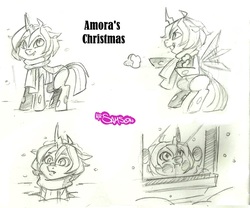 Size: 1052x877 | Tagged: safe, artist:mr-samson, oc, oc only, oc:amora, changeling, hybrid, clothes, interspecies offspring, offspring, parent:queen chrysalis, parent:shining armor, parents:shining chrysalis, scarf, sketch, snow, snowfall, solo, window