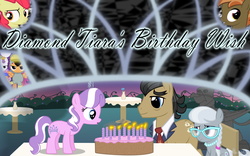 Size: 1600x1000 | Tagged: safe, artist:bootsyslickmane, apple bloom, button mash, diamond tiara, filthy rich, gustave le grande, scootaloo, silver spoon, sweetie belle, dodo, griffon, g4, birthday, birthday cake, cake, chair, clothes, costume, fanfic, fanfic art, fanfic cover, flower, gimp, nightmare night, scootadodo, statue, story in the source, table, water balloon