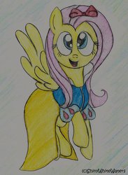 Size: 400x546 | Tagged: safe, artist:sketch-shepherd, fluttershy, pony, g4, bow, clothes, cosplay, costume, disney, disney princess, dress, female, ribbon, snow white, solo, traditional art